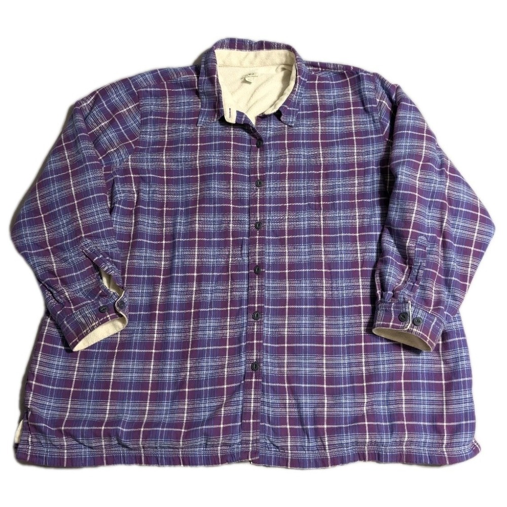 LL Bean Womens 3X Fleece Lined Flannel Shirt Jacket‎ Purple Plaid Button Front